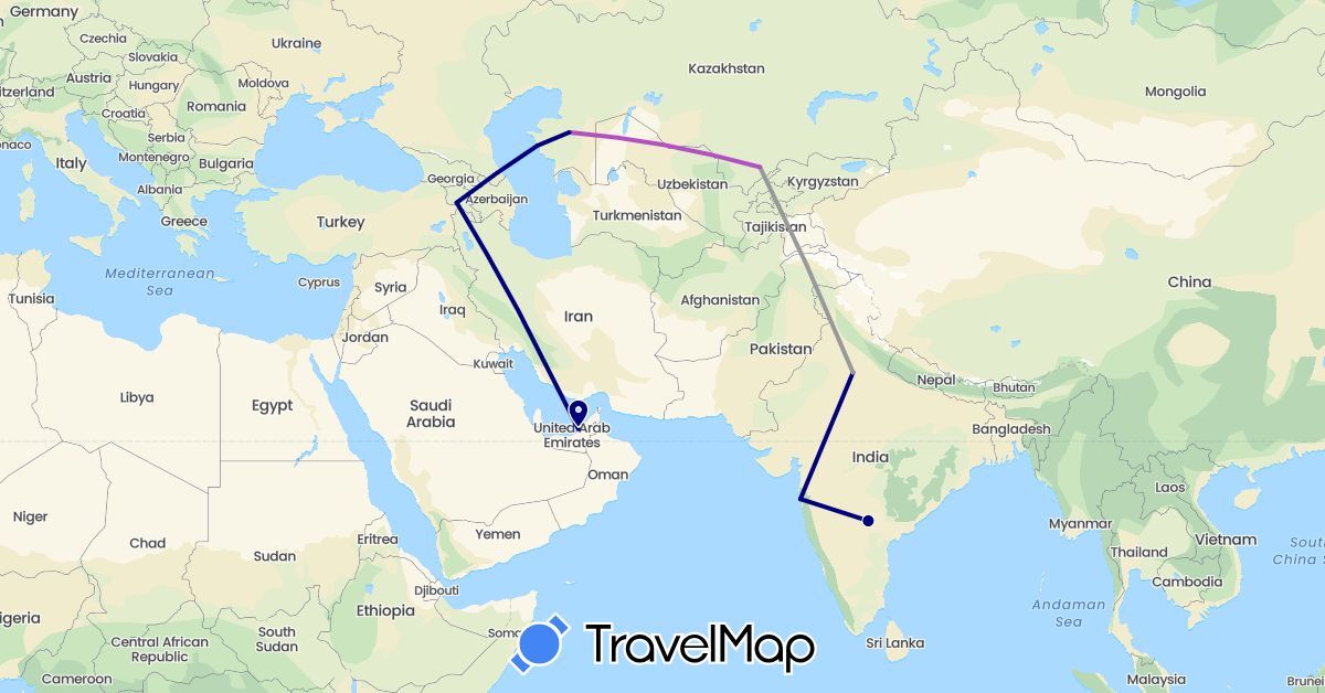 TravelMap itinerary: driving, plane, train in United Arab Emirates, Armenia, India, Kazakhstan (Asia)